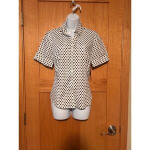 NEW George Womens Polka Dot Short Sleeve Button Down Shirt White Black Sz Small